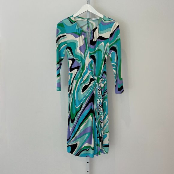 EMILIO PUCCI BLUE MULTI SILK FAUX WRAP ENAMEL BUCKLE DRESS MODEL 72RH25 SIZE IT - Picture 3 of 17